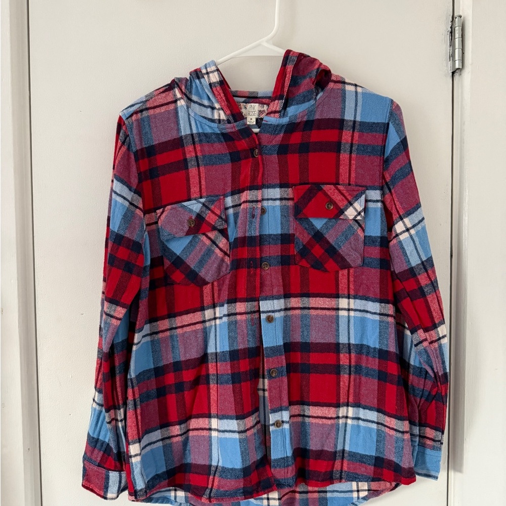 Plaid Women’s Cozy Flannel Shirt with Hood - Red and Blue